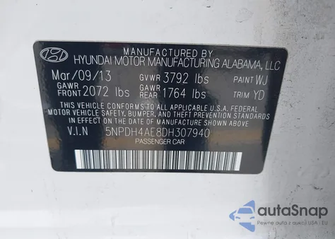 2013 Hyundai Elantra Gls z USA, uszkodzony, nr VIN 5NPDH4AE8DH307940